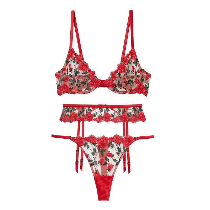 3-PIECE ROSE PATTERNED LACE UNDERWEAR SET